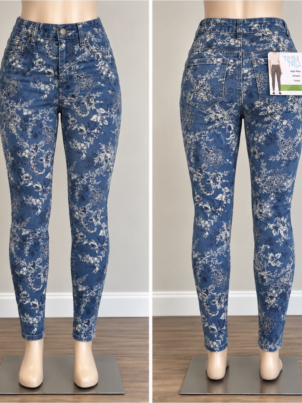 Time and Tru Blue Floral-Print High-Rise Skinny Jeans